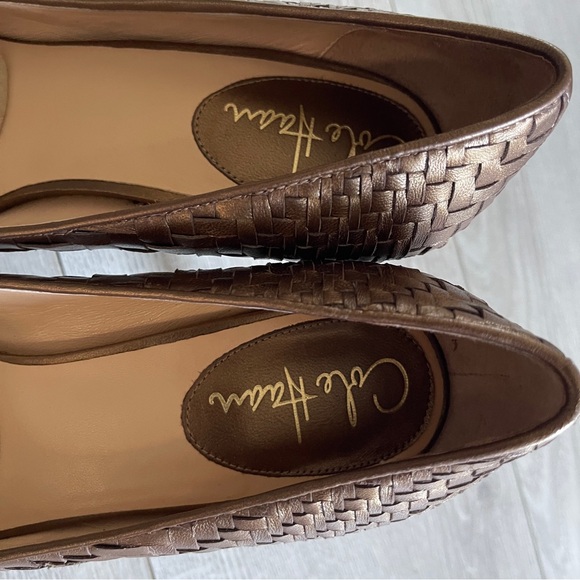 Cole Haan Gold Metallic Peep Toe Woven Pumps sz 8.5 B Leather Block Stiletto - Picture 5 of 12